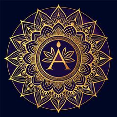 Golden Luxury Mandala Logo with Initial Letter 'A', Yoga Meditation Center, Wellness Spa, Bohemian Ornament Vector