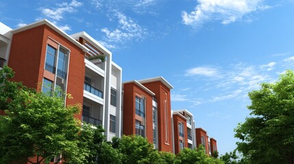 A modern apartment building with red and white exterior, surrounded by green trees and a clear blue sky.