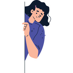Peeking Woman with Dark Hair Wearing Blue Shirt Smiling Gently A Curious Expression Against a Transparent Background