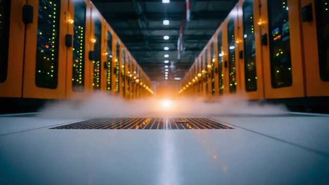 Immersive data center hallway with glowing server racks and cooling mist, creating a futuristic and dynamic technological environment for innovation and advanced computing