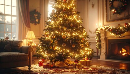 Christmas Tree Radiance A Festive Interior Scene with Gifts and Cozy Ambiance