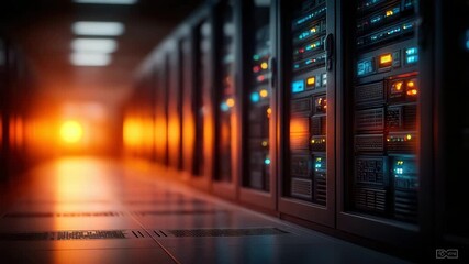 Dynamic server room with glowing data racks and abstract orange light creating a powerful tech atmosphere for modern business needs - Powered by Adobe