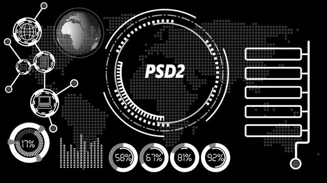PSD2 concept. Financial success concept of virtual screen. Business, technology, internet and networking concept. World map background 4k video