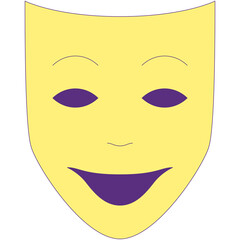 Pale Yellow Theater Mask with Dark Purple Accents Depicting a Smiling Face Against a Transparent Background Featuring Simplified Features and Expressive Eyes