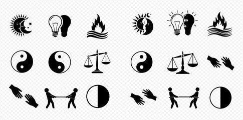 A collection of black and white icons representing various concepts such as balance, duality, and energy.