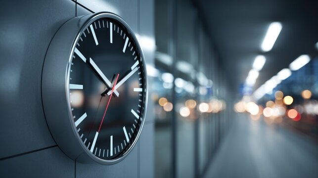 A black and white clock hanging on a wall in a modern, industrial setting.
