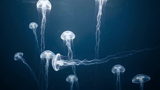Luminescent jellyfish drift through a dark, blue abyss, their ethereal bodies casting a gentle glow - Powered by Adobe