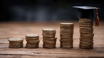 A miniature graduation cap sits atop a stack of coins on a wooden table.