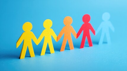 A group of colorful paper cutout people holding hands on a blue background.