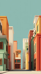 Urban Avenue: A vibrant, stylized urban scene showcasing a row of colorful buildings, standing tall against a clear, pastel sky, with a sense of simplicity and visual harmony.