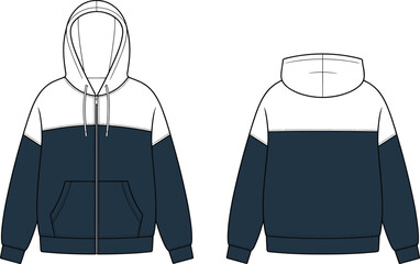 Stylish two tone zip up hoodie technical flat sketch, front and back view, casual fashion design template, vector apparel illustration © Creatives Sakib
