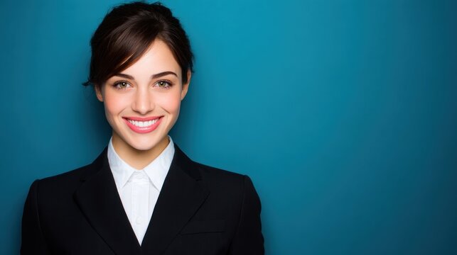 A confident businesswoman in a black suit against a blue background.