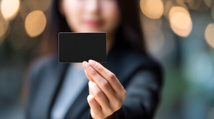 Elegant Presentation: A poised businesswoman extends a blank card in a gesture of professionalism, the soft background suggesting a blend of refinement and opportunity.
