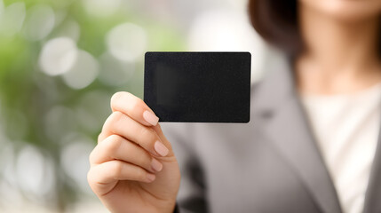 Holding the Possibilities: A poised hand delicately presents a sleek, blank business card against a blurred, verdant backdrop, suggesting potential and versatility.