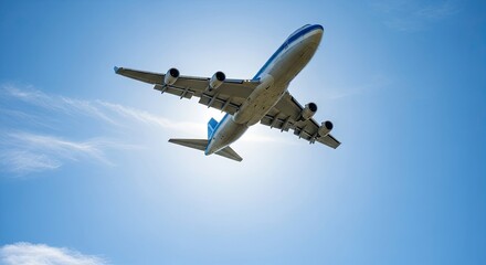 A commercial airplane flying in the sky with a clear blue sky as the background.