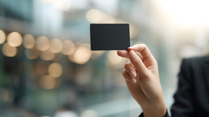 Business Card Presentation: A person's hand gracefully presents a sleek, black business card against a blurred background, suggesting professionalism and attention to detail. 