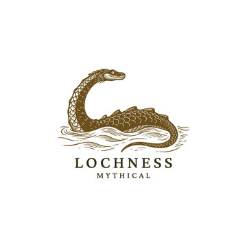 Mythological Loch Ness Monster (Nessie) illustration, rendered in a detailed vintage woodcut or engraving style. This cryptozoology design features the legendary long-necked sea creature