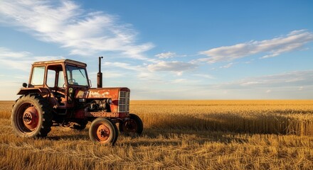 Obraz premium An old, rusted tractor parked in a field of golden wheat under a clear blue sky with fluffy white clouds.