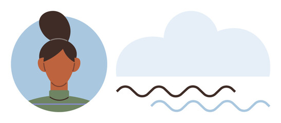 Female portrait with bun hairstyle in a circle frame alongside abstract cloud and wave patterns. Ideal for identity, creativity, diversity, calmness, environment, storytelling, connection. Simple