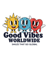 Cartoon sun blue circle and red heart characters with wings and text yellow