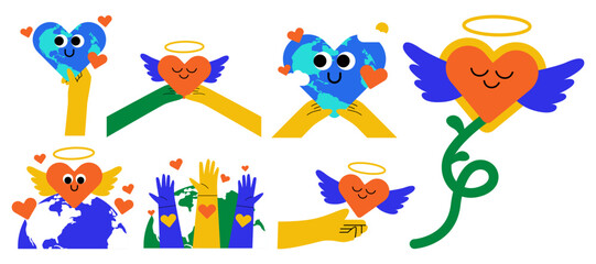 Set of world kindness day illustration. Love, heart character in playful style. Random acts, caring, kindness, giving of people. Hands show the heart and planet. Vector illustration.