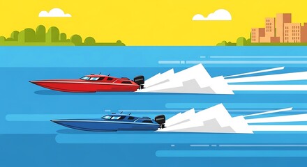 Speedboat Race with City Skyline.
