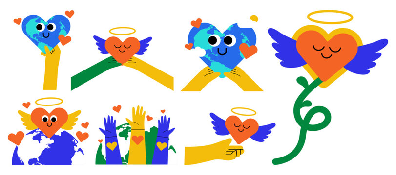 Set of world kindness day illustration. Love, heart character in playful style. Random acts, caring, kindness, giving of people. Hands show the heart and planet. Vector illustration.