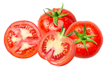group of fresh, wet red tomatoes, including two whole fruits and two halves, captured in a close-up photograph and isolated on a clean transparent background.