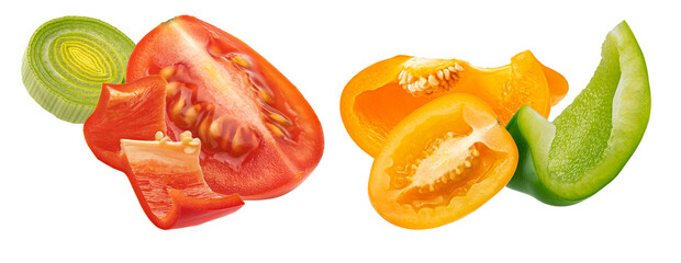 dynamic composition of fresh, colorful sliced vegetables, including tomato, bell peppers (red, yellow, green), chili, and leek, isolated on a solid transparent background.