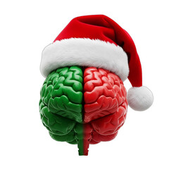 Christmas brain with distinct red and green hemispheres wearing a festive Santa hat, isolated on white & transparent background. Ideal for holiday marketing campaigns,