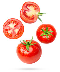 dynamic photograph of fresh, ripe red tomatoes, whole and various cuts, covered in refreshing water droplets, isolated dramatically on a transparent background.