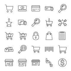Collection of various shopping and e-commerce related outline icons on white background.