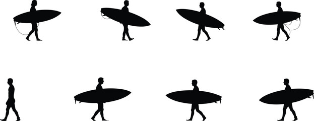 Surfer silhouettes walking with surfboards, ocean lifestyle, beach adventure, summer freedom, surfing people, outdoor activity, travel concept, sporty vacation vibe