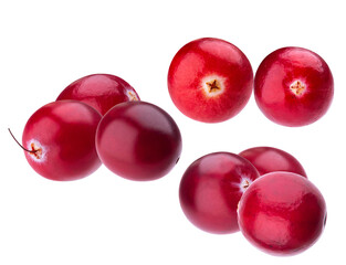 group of seven ripe, glossy red cranberries captured in a natural arrangement, showcasing their texture and vibrant color, isolated on a solid transparent background.