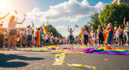 People celebrating a pride parade with rainbow flags and streamers.
