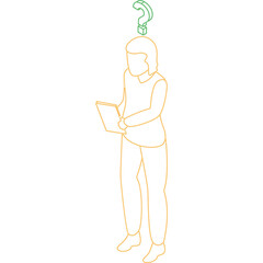 Person contemplating with question mark above head holding a digital device against transparent background in isometric view with orange and green outline