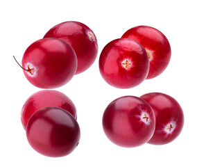 precise studio shot featuring two distinct, tightly packed clusters of fresh, deep red cranberries, showcasing their uniformity and natural gloss, isolated on a transparent background.