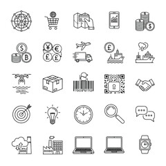 A collection of thin line icons representing concepts in global business, e-commerce, logistics, and technology.