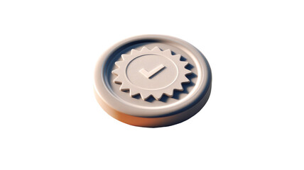 3D render of a round white approval badge with check mark symbol and embossed edges isolated on white background