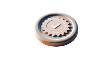 3D render of a round white approval badge with check mark symbol and embossed edges isolated on white background