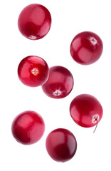 dynamic photograph capturing multiple ripe, vibrant red cranberries suspended mid-air, creating a sense of movement and energy, isolated on a solid transparent background.