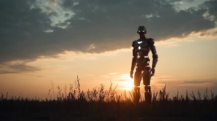 A robot standing in a field of tall grass at sunset with a cloudy sky in the background scene view - Powered by Adobe