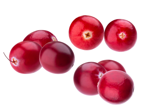 group of seven ripe, glossy red cranberries captured in a natural arrangement, showcasing their texture and vibrant color, isolated on a solid transparent background.