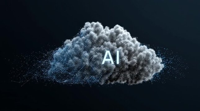 A cloud formation with ai text overlay and connected dots on a dark blue gradient background