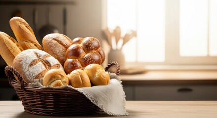 A basket of bread and rolls on a wooden table in a kitchen.