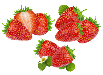 cluster of vibrant red strawberries, including whole fruits and one halved piece, nestled amongst green leaves and a small white flower, isolated photograph.