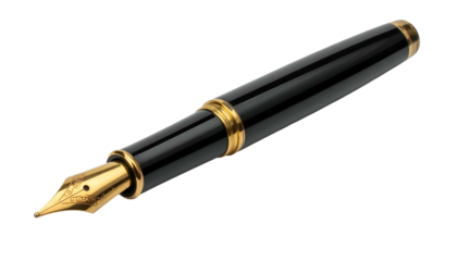 Close-up of a luxurious fountain pen with a gold nib and polished black barrel