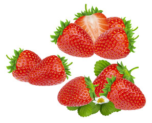 isolated photograph showcasing three distinct groupings of whole and halved ripe strawberries accented by fresh green leaves and a small white blossom.