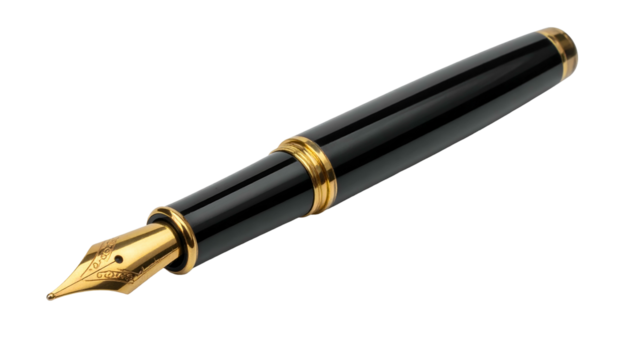 Close-up of a luxurious fountain pen with a gold nib and polished black barrel