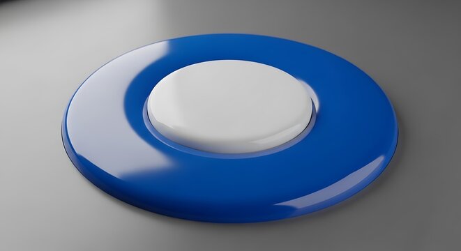 Blue button with white center, and 3D render.